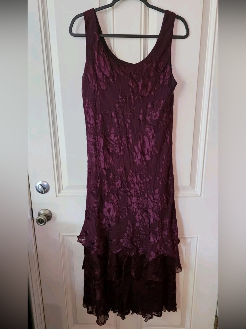 Burgundy Floral Textured Dress Sleeveless Ruffle Hem Midi Vintage Romantic Sz XL